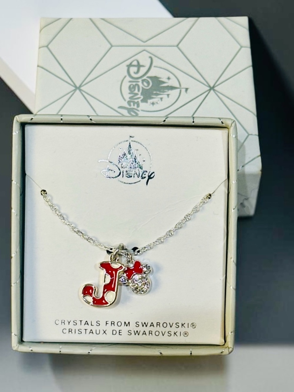 Disney Silver Necklace with Red Enamel 'J' Initial and Crystal Minnie Charm